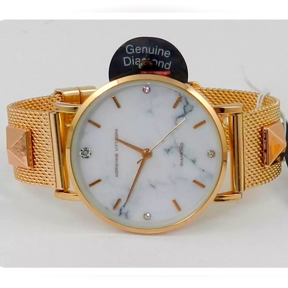 Adrienne Vittadini Diamond Dial White Marble Dial & Rose Gold Tone Watch - Picture 1 of 5